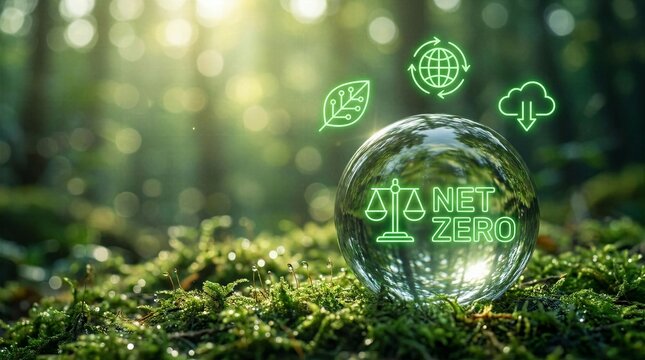 Environmental conservation graphic showing net zero target with balance scales and eco symbols within glass sphere on forest floor.