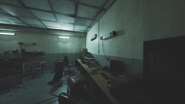 Long bench lined with packed bags and equipment under cool overhead light, scattered chargers and toolboxes create a survivalist mood scavenger scenario implies