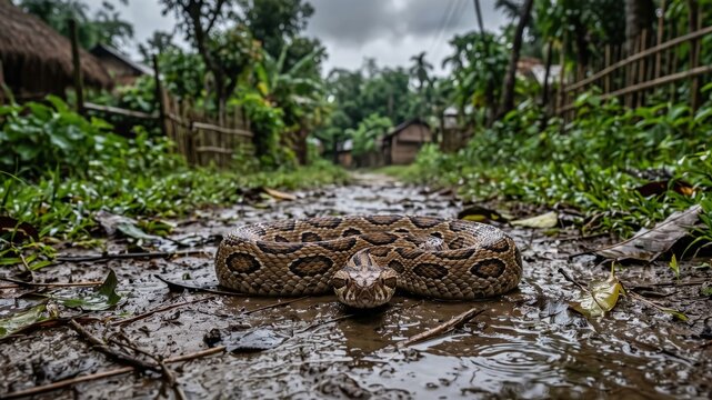 Russell's Viper on Muddy Path After Monsoon Rain
