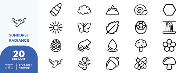 Natural Phenomena set. Containing pinecone, snail shell, sunburst, leaf, butterfly, flower, mushroom, acorn, water droplet, tree, cloud, mountain, hexagon. Editable stroke. Vector illustration. © khopidd232