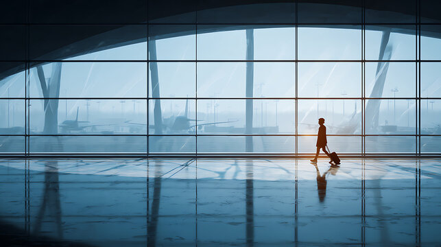 Silhouette of traveler walking with suitcase in modern airport terminal with airplanes in background