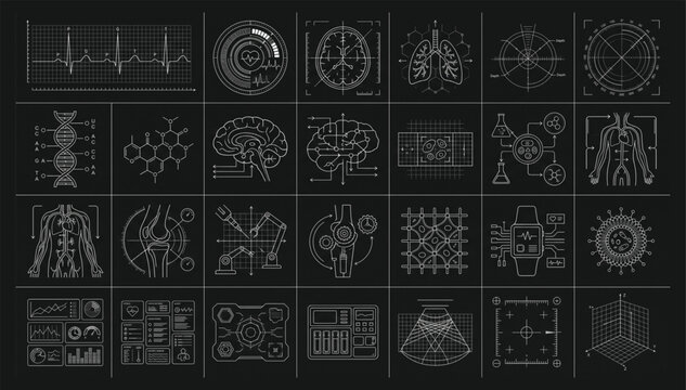 Biomedical digital interface set featuring human body systems and laboratory scanning elements for scientific data visualization biomedical interface laboratory scanning scientific