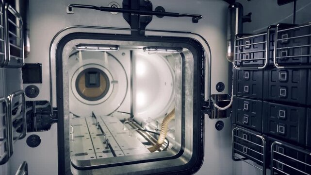 Station section featuring conduit arrays and maintenance ladder. Module within spacecraft including control systems and repair access features