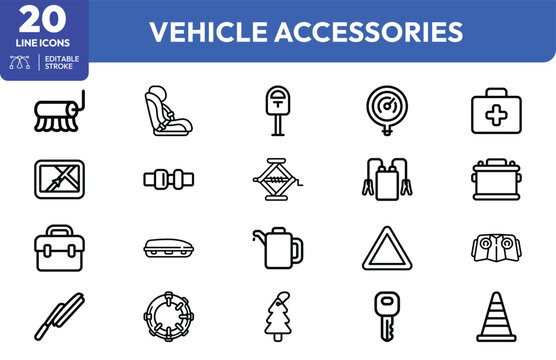 Automotive Emergency and Travel Prep set. Containing jump starter, spare tire, toolkit, first aid, road flare, tire gauge, car seat, traffic cone, tow hook. Editable stroke. Vector illustration.