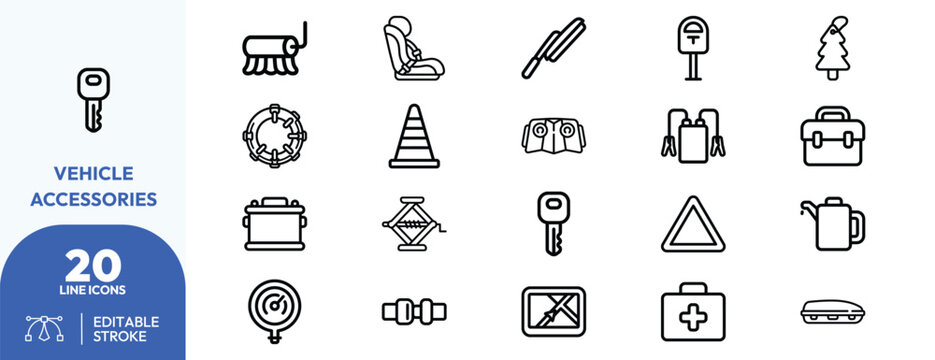 Roadside vehicle accessories set. Containing car key, tire pressure gauge, first aid kit, toolbox, spare tire, traffic cone, tow hook, warning triangle, water. Editable stroke. Vector illustration.