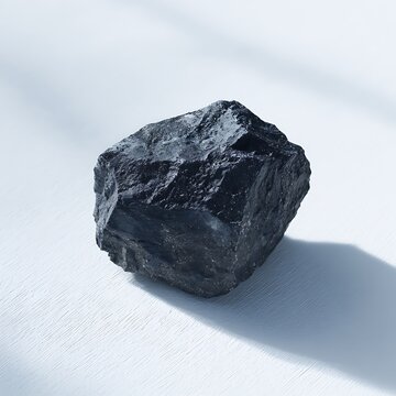 Minimalist studio shot of raw black mineral rock on white background with sharp shadows