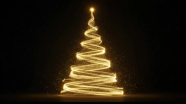 A glowing golden light trail forms a festive tree shape on a dark background
