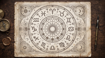 Obraz premium Vintage astrology zodiac wheel chart on old parchment paper with compass and ink pen on wooden desk background