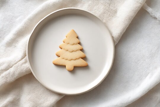 Christmas tree shaped shortbread cookie on white plate over linen fabric background minimalist holiday treats