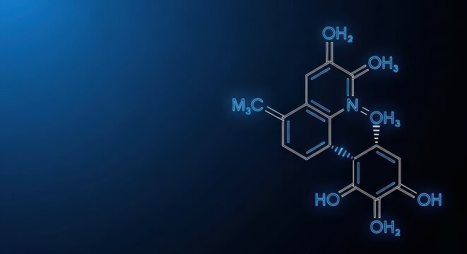 Detailed molecular structure of a chemical compound against a blue gradient background, representing scientific research and discovery