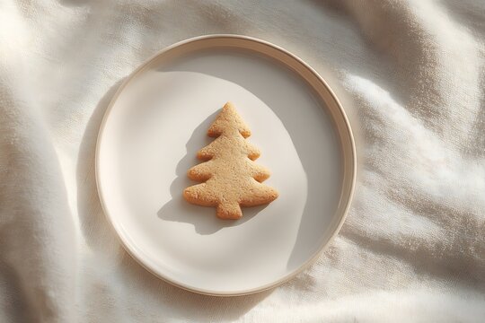 Minimalist Christmas tree gingerbread cookie on beige ceramic plate with soft natural shadows and fabric background
