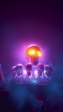 Giant Stylized Human Skull With Fiery Glowing Eyes Over Miniature Skulls Altar 3D Render