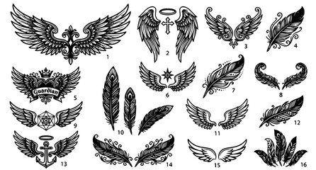 Black and white angel wings vector collection with tattoo emblems and decorative feather symbols © MdAbdus