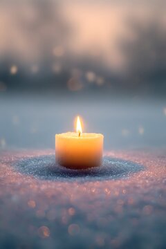 Single glowing candle flame burning in white snow at winter sunset for peace and memory