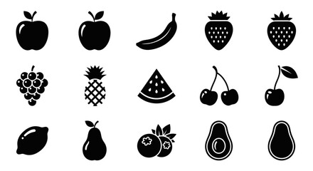 Collection of black fruit icons on white background with apples bananas strawberries strawberries more arranged © Prema
