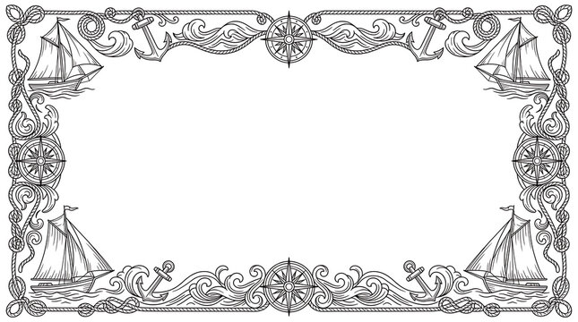 Vintage nautical border template with sailing ships, anchors and compasses
