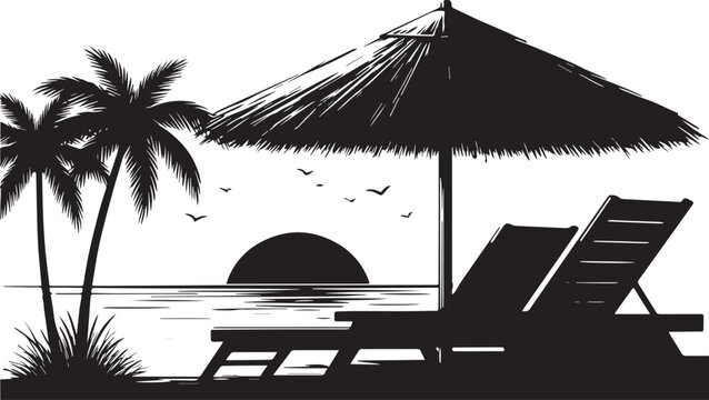 Black and white tropical beach scene silhouette with palm trees thatched umbrella and deck chairs at sunset tropical umbrella silhouette illustration