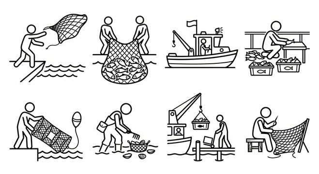 Commercial fishing pictogram set with boat and net line art