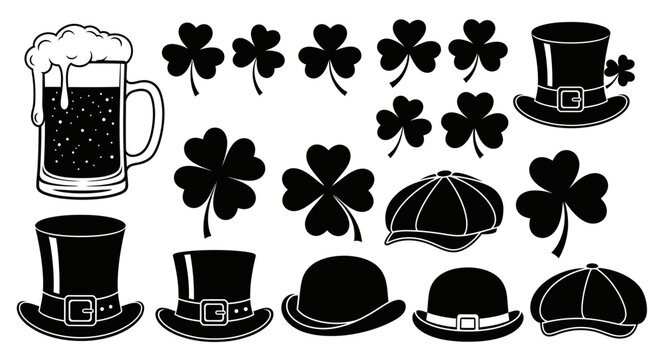 St patrick's day icons with including black silhouettes beer mugs four leaf clovers collection patrick day themed illustration celebration with festivity