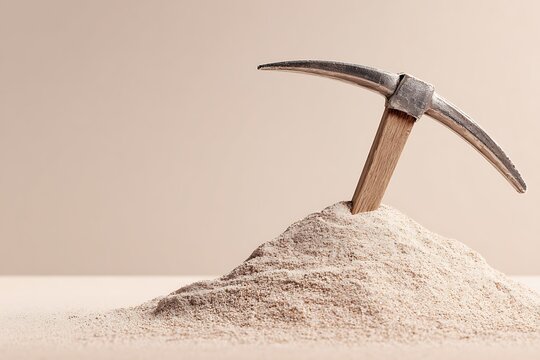Steel pickaxe stuck in sand mound for mining exploration and business discovery concept on neutral background
