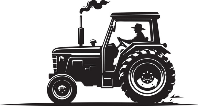 Silhouette illustration of a farm tractor with a driver working on the field agriculture silhouette machinery illustration industrial equipment isolated