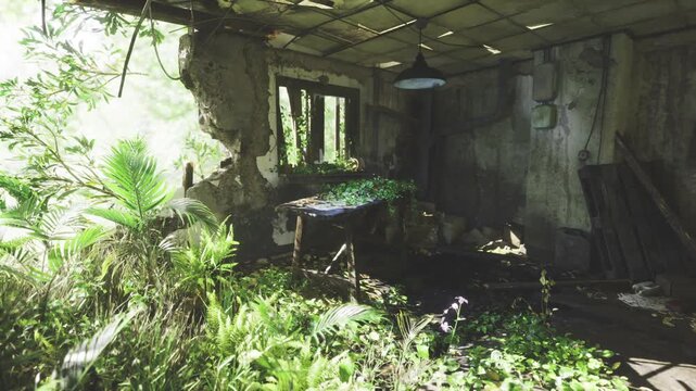 Sunlit living room transformed by dense plants and vines, broken window bathing floor in warm light, furniture overtaken by foliage and soft shadows, evocative
