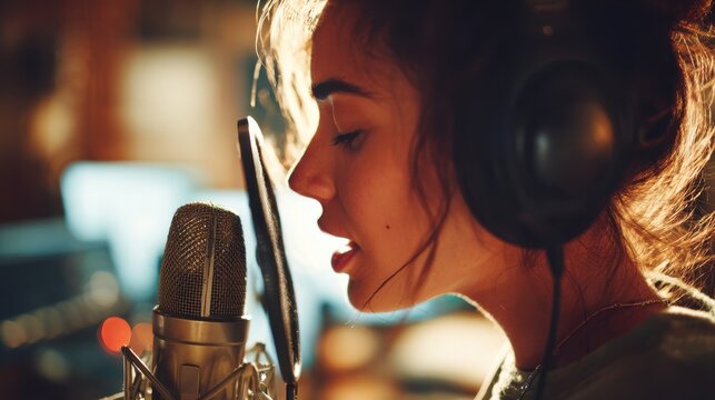 Female singer at the microphone. Singer recording a song at the music studio.