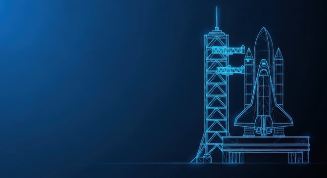Wireframe Blueprint of a Space Shuttle Launch Complex on a Dark Blue Digital Background