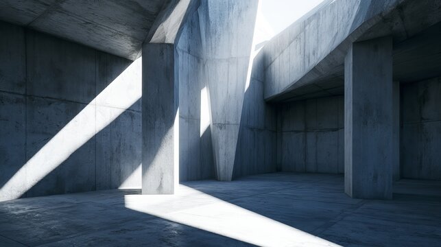 Modern concrete architecture interior with dramatic lighting and shadows, showcasing minimalist design and structural elegance