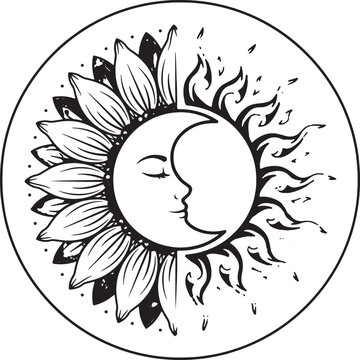 Celestial sun and moon hybrid symbol with sunflower petals and flame patterns in a circular frame on white