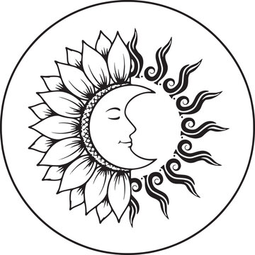 Celestial sun and moon hybrid symbol with sunflower petals and stylized flame patterns in a circle on white