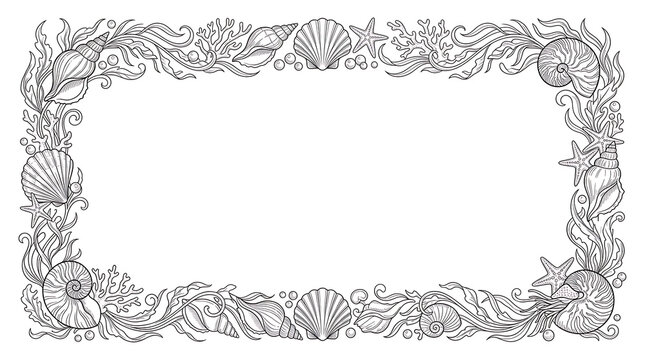 Nautical seashell line art frame border for stationery