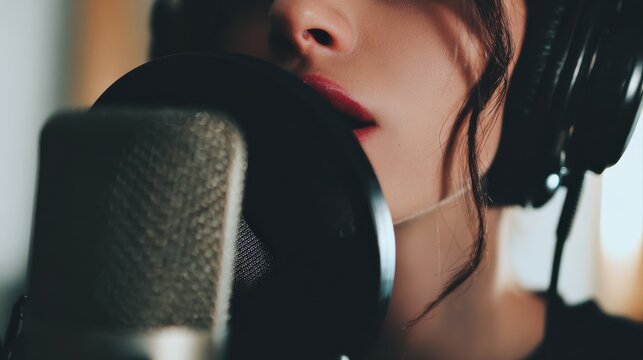 Female singer at the microphone. Singer recording a song at the music studio.