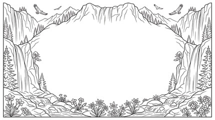Obraz premium Mountain Landscape Line Art Frame with Waterfalls and Pine Trees