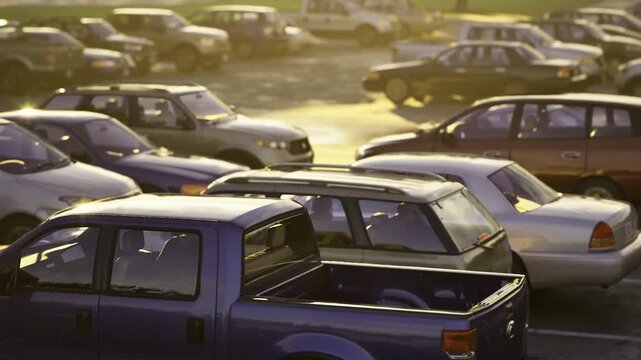 Busy parking lot at golden hour with pickup truck in foreground, warm backlight casting glare on windshields, dense rows of vehicles creating traffic