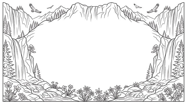 Mountain Landscape Line Art Frame with Waterfalls and Pine Trees
