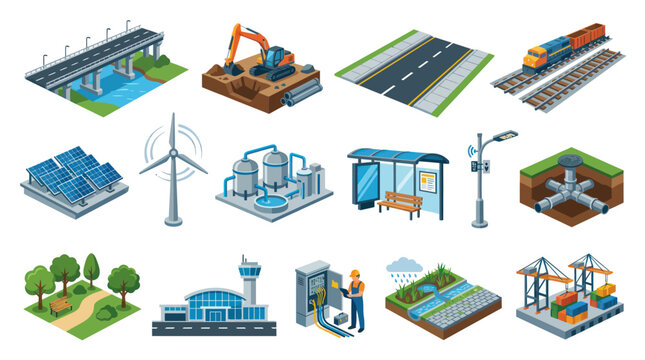 Isometric Vector Icons of Infrastructure and Energy Industry Objects