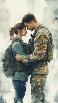 Emotional farewell scene: soldier in camouflage uniform embraces civilian woman, their foreheads touching. Muted colors and brushstroke effect convey poignancy.