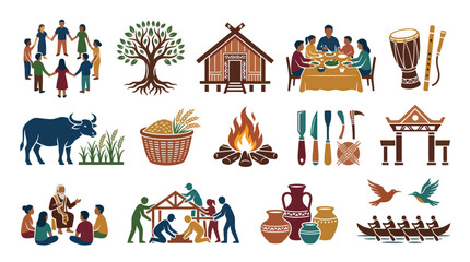 Obraz premium Traditional Culture and Community Life Flat Vector Icons Set. Agriculture, Heritage, and Village Symbols.