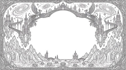 Ornate Fantasy Border with Floating Castles and Mythical Phoenixes © Pencil