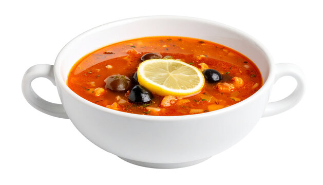 Russian solyanka soup with lemon Isolated on Transparent or White Background.