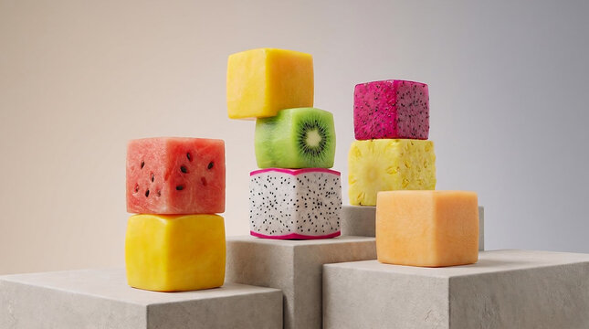 Colorful fruit blocks showcasing artistic cube-shaped tropical produce artfully arranged on stone pedestals for a creative and refreshing culinary concept