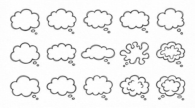 Hand drawn thought bubbles set. Sketchy cloud speech balloons for comic design.