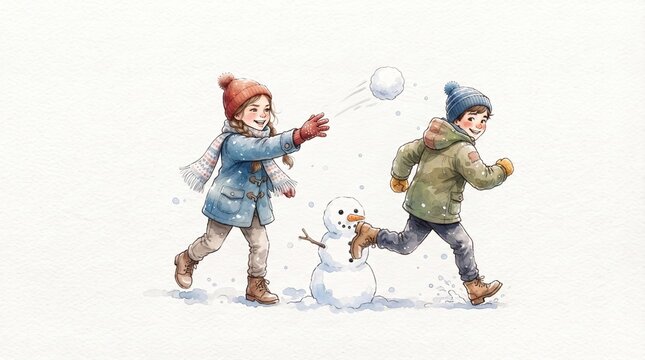 Watercolor illustration of children having a snowball fight next to a snowman