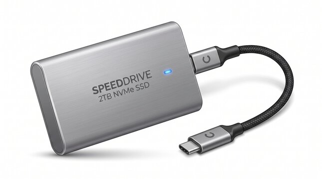 Portable External SSD Drive with USB Type C Cable Isolated on White Background