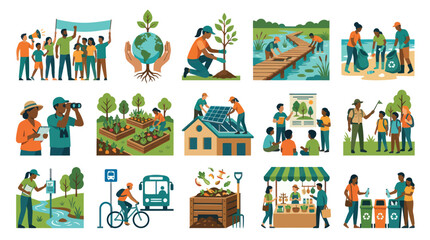 Naklejka premium Flat Illustration of Diverse People Promoting Environmental Sustainability and Recycling
