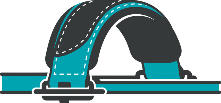 Kiteboard footstrap track binding vector illustration. Detailed flat graphic design showing an adjustable black and turquoise foot strap on a track rail system, representing extreme water sports gear.