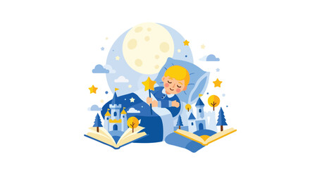 Obraz premium A young boy sleeps peacefully under a large moon, surrounded by magical pop-up book scenes of castles and stars as he holds a golden star wand.