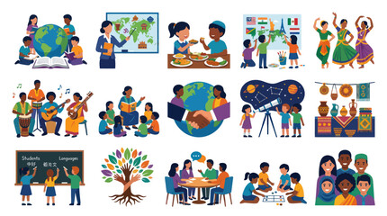Fototapeta premium Flat Illustration of Diverse Students Learning Celebrating Global Culture and Education