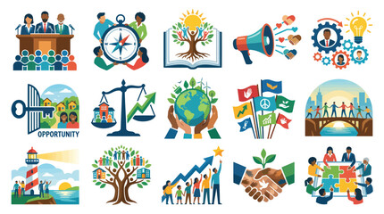 Fototapeta premium Flat Vector Illustration Set: Social Responsibility, Community, Diversity, Business Collaboration Concepts Symbols.